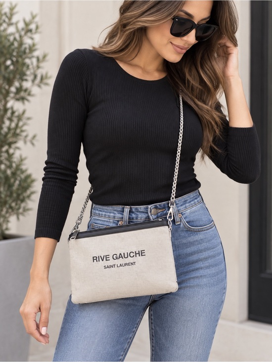 Saint Laurent Handbags - Saint Laurent Rive Gauche Crossbody/Clutch Bag Coated Canvas Leather Ivory Black